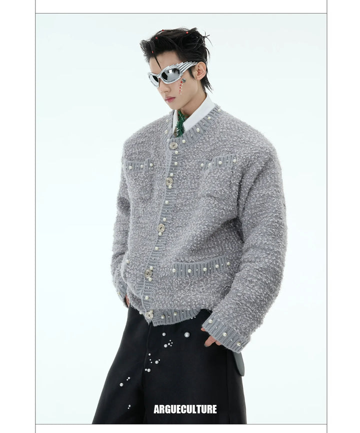 Luxe Pearl-Embellished Knit Cardigan for Unisex - ArgueCulture