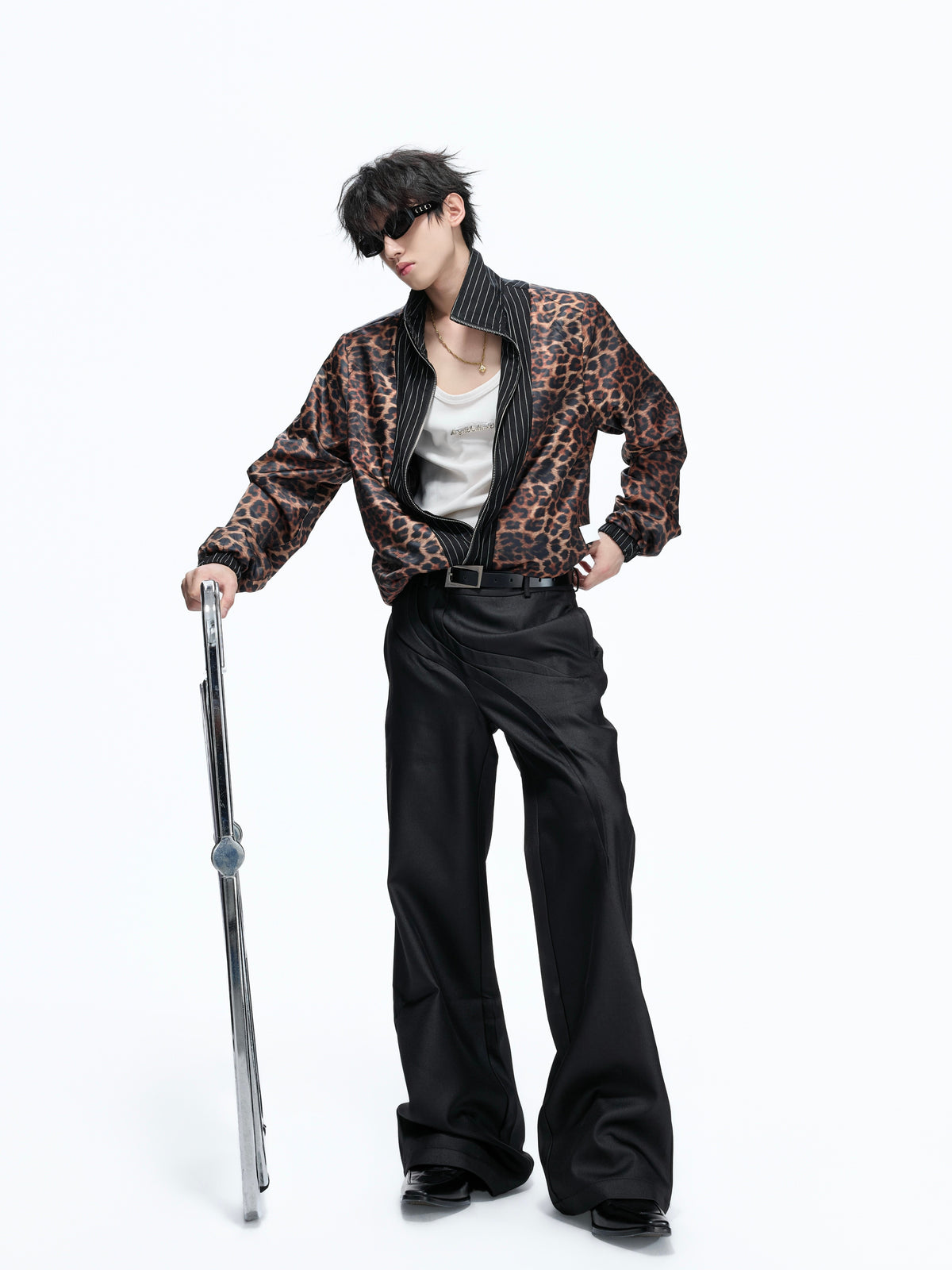 Striped Leopard-Lined Stand-Collar Jacket - product image 1