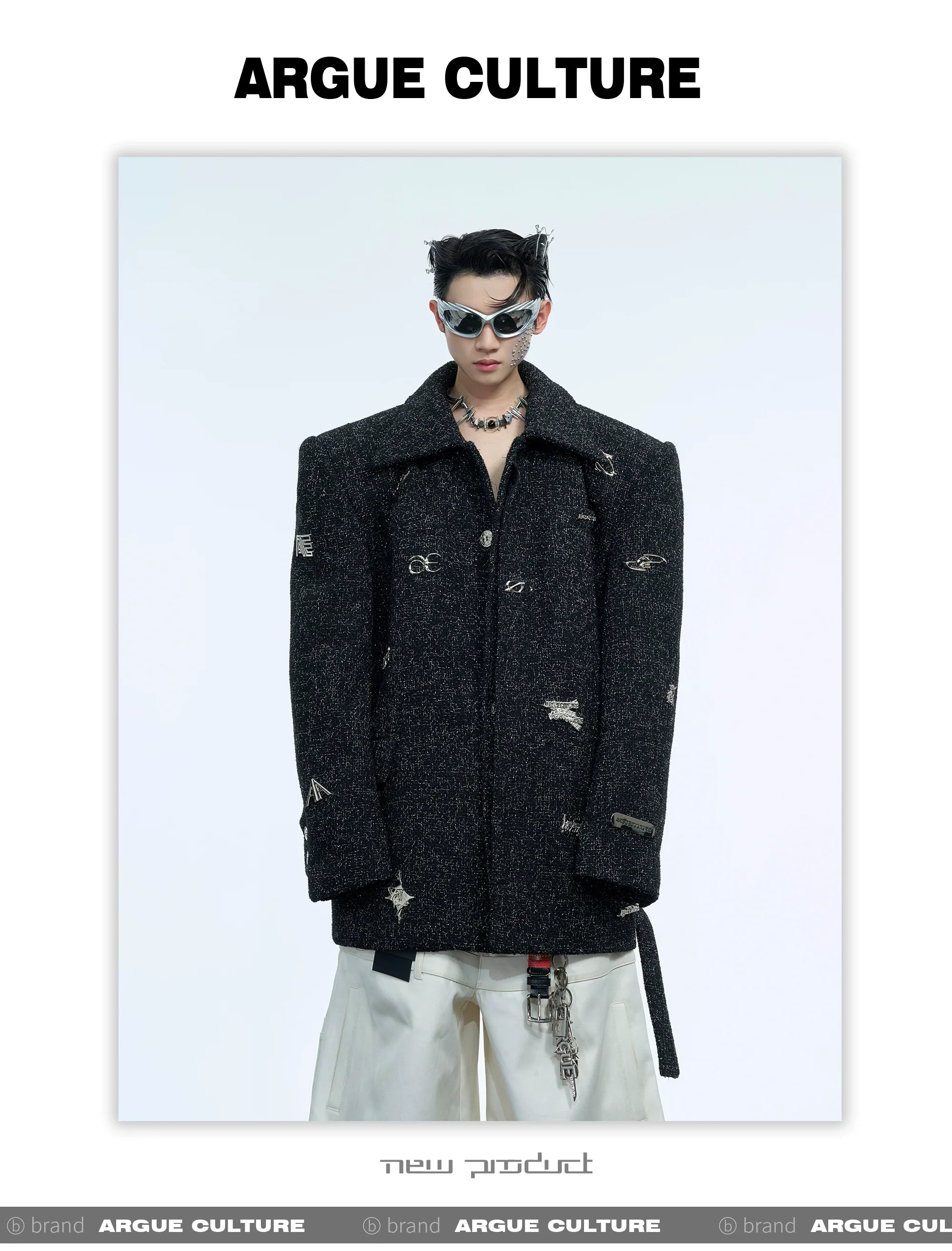 Light Luxury Metallic Shoulder-Pad Tweed Blazer Jacket - ArgueCulture