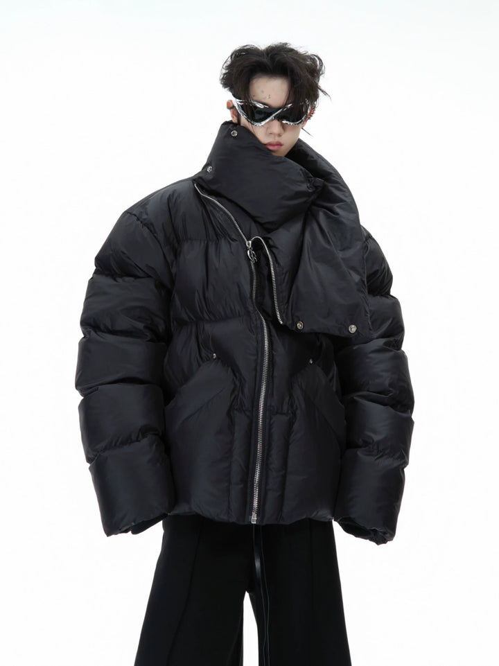 High-Neck Puffer Jacket with Asymmetrical Zipper and Oversized Fit - ArgueCulture