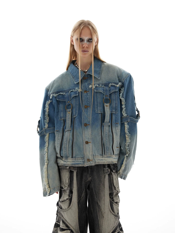 Vintage Distressed Denim Jacket with Fringe and Gradient Wash - ArgueCulture