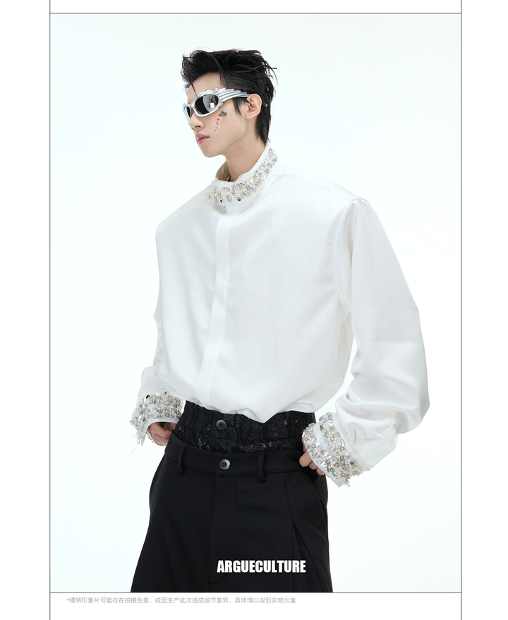 Satin Draped Pearl-Embellished Shirt for Elegant Men & Women - ArgueCulture