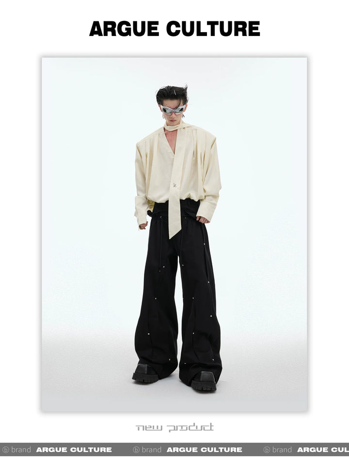 Trendy Deconstructed Pleated Cargo Pants with Silver Accents - ArgueCulture