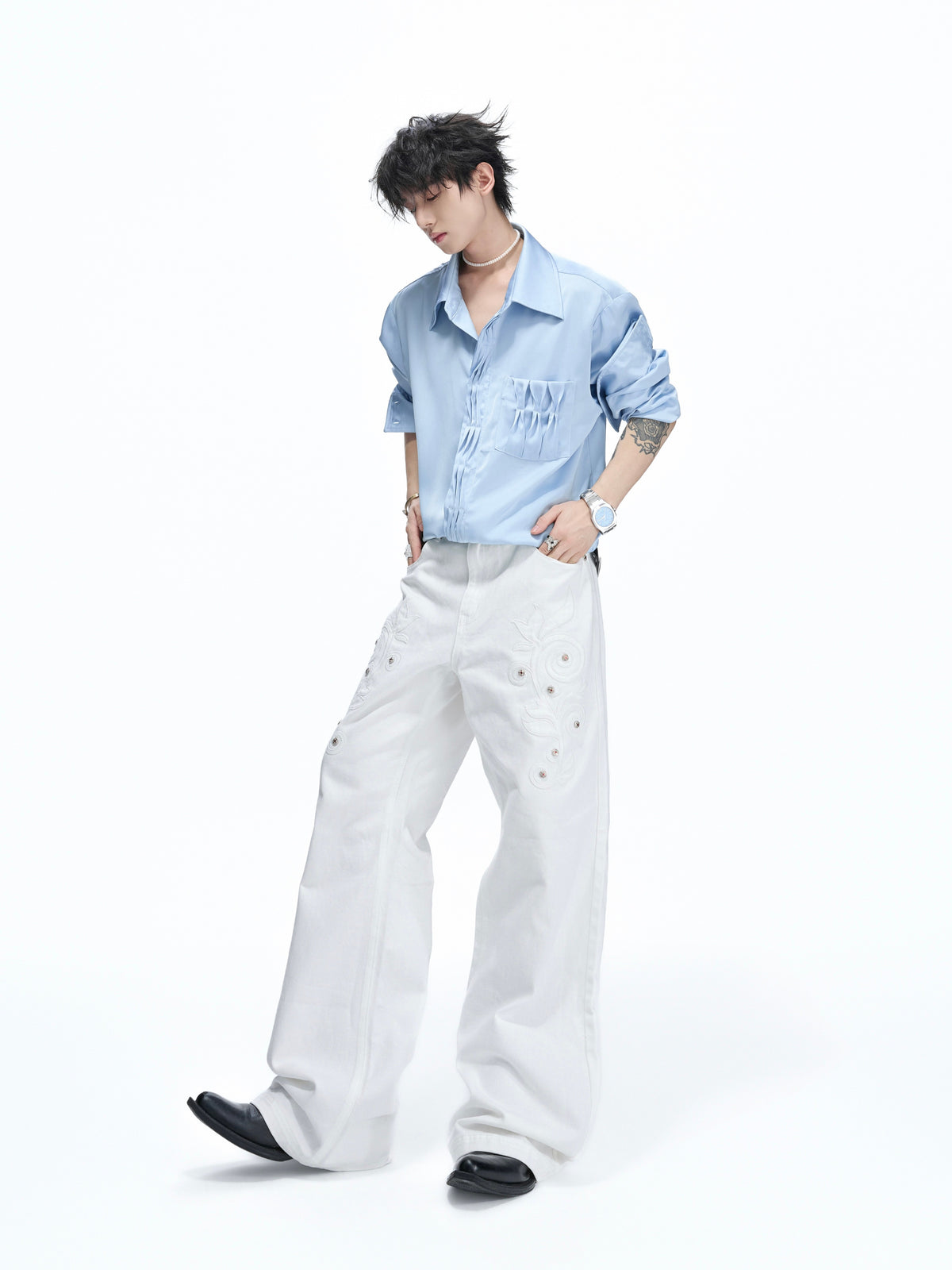 Pleated Satin-Finish Long-Sleeve Shirt - product image 5
