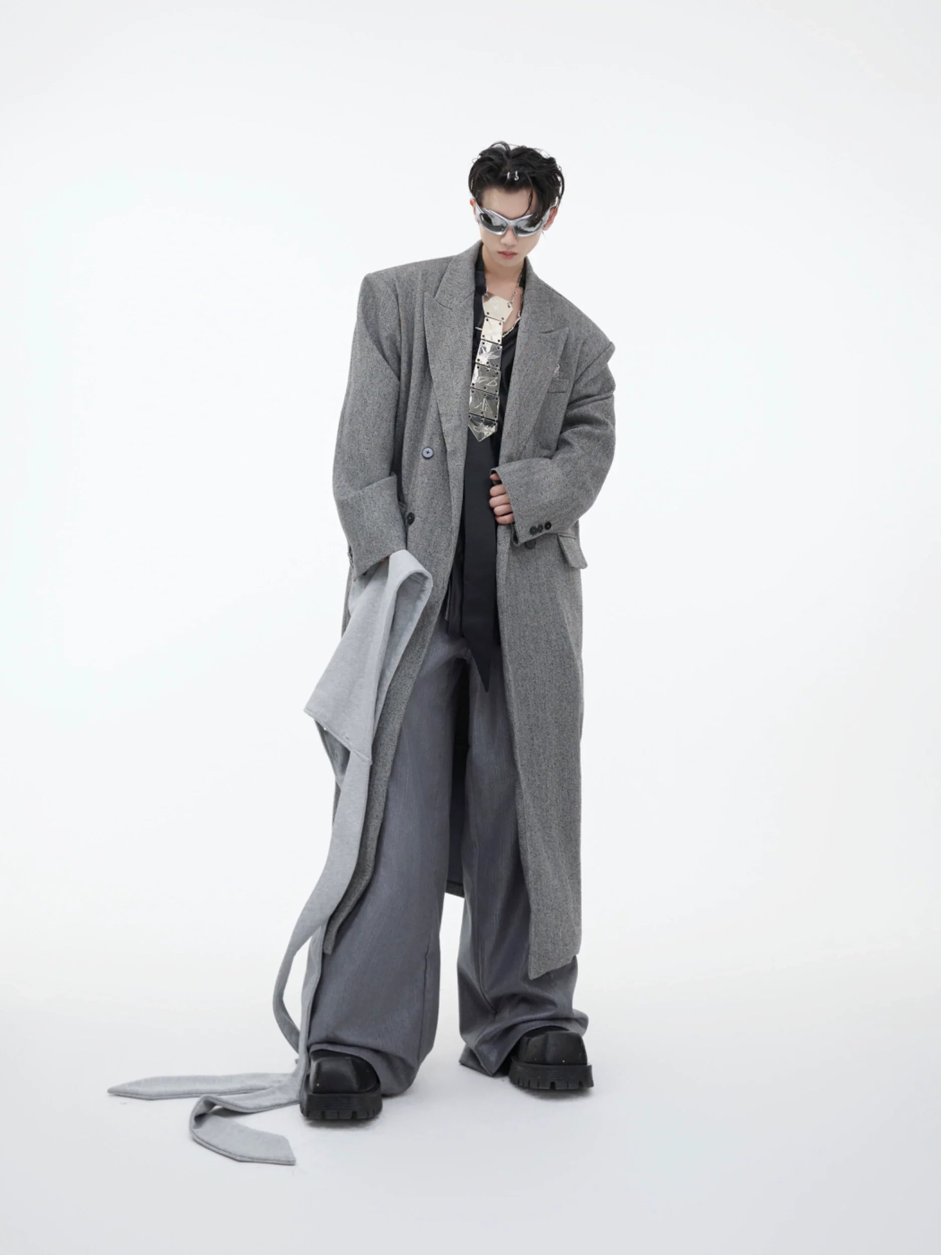 Men?¡¥s Oversized Wool Coat with Detachable Hoodie Metallic Logo Streetwear - ArgueCulture