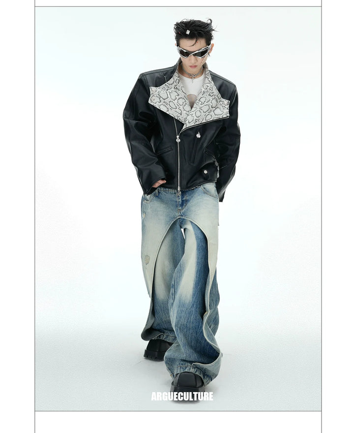 Snake Pattern PU Short Jacket with Lapel Collar and Zipper Pockets - ArgueCulture