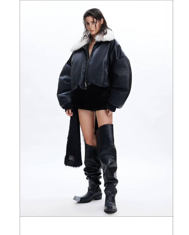 Faux Fur Collar Leather Bomber Jacket with Asymmetrical Design - ArgueCulture