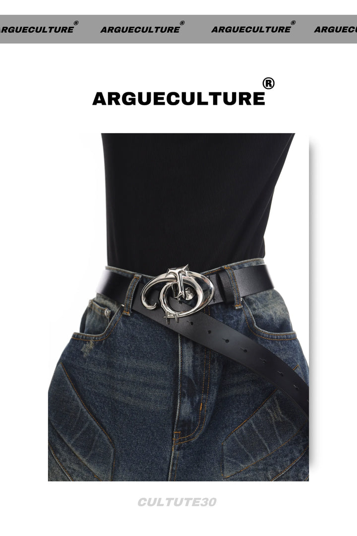 Avant-Garde Asymmetric PU Leather Belt with Metallic Logo - ArgueCulture