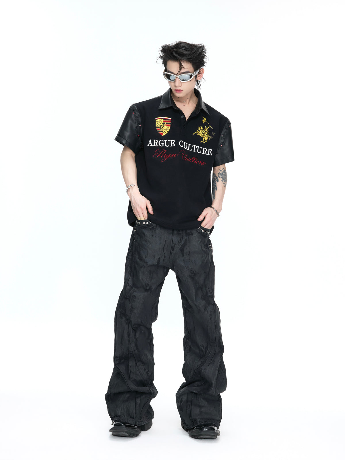 Embroidered Faux-Leather Panel Polo - product image 4