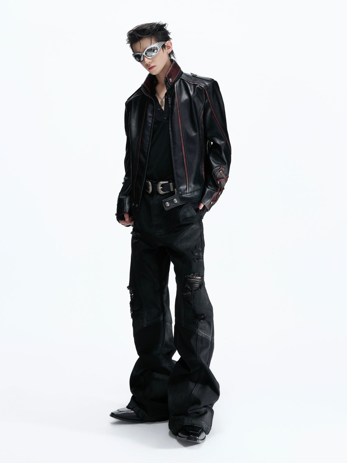 Contrast Stitch Lace-Up Faux Leather Biker Jacket - product image 4