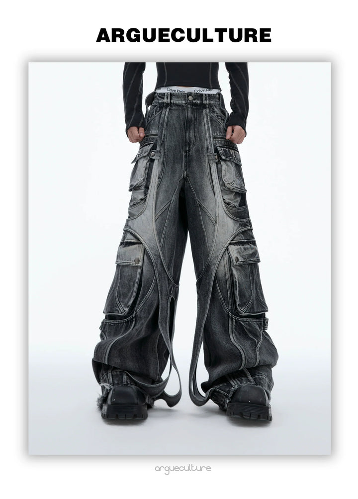 Vintage Washed Wide-Leg Denim Cargo Pants with Strap Details - ArgueCulture