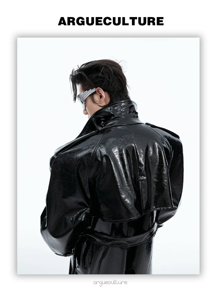 Futuristic Liquid-Look Faux Leather Trench Coat with Shoulder Pads - ArgueCulture