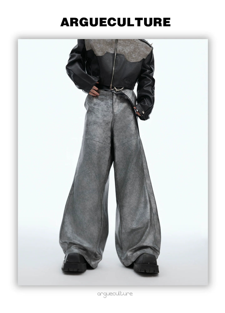 Avant-Garde Silver Wide-Leg Pants with Segmented Lines and Distressed Texture - ArgueCulture