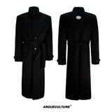 Black belted long coat, front and back views