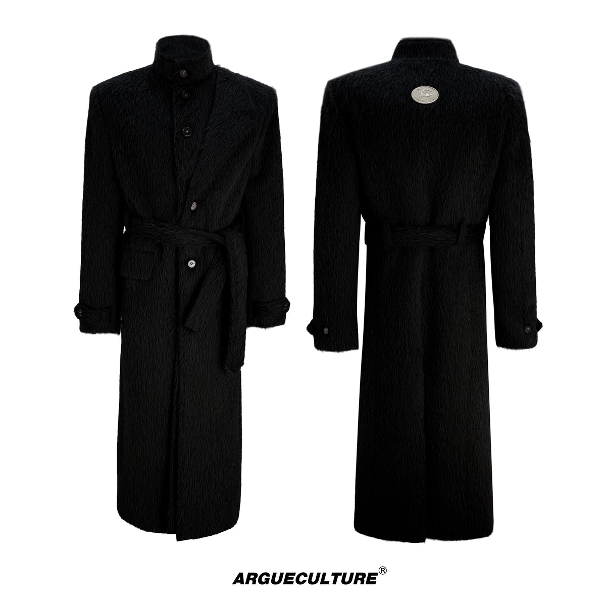 Black belted long coat, front and back views