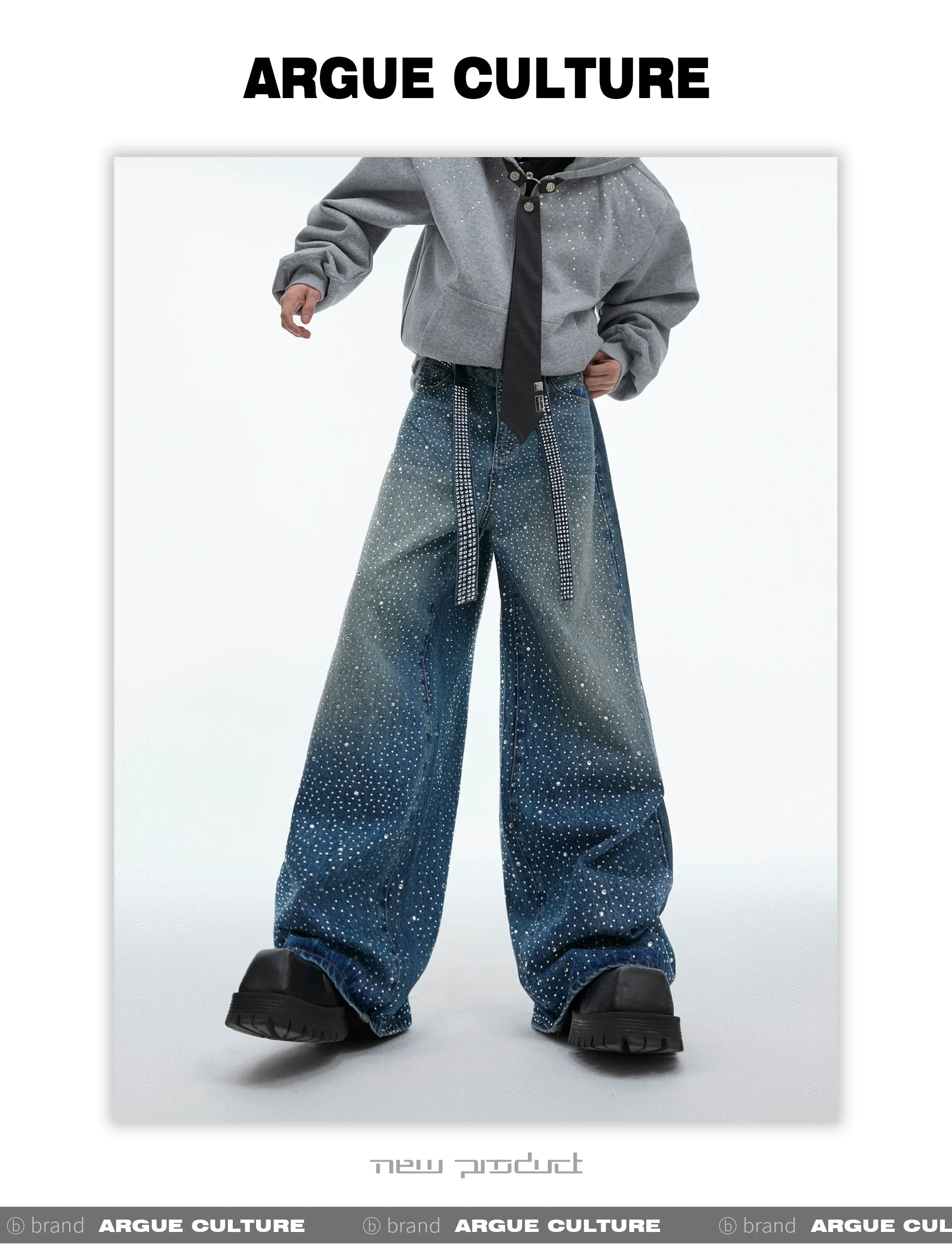 Starry Rhinestone Tie-Detail Wide-Leg Denim Jeans - ArgueCulture