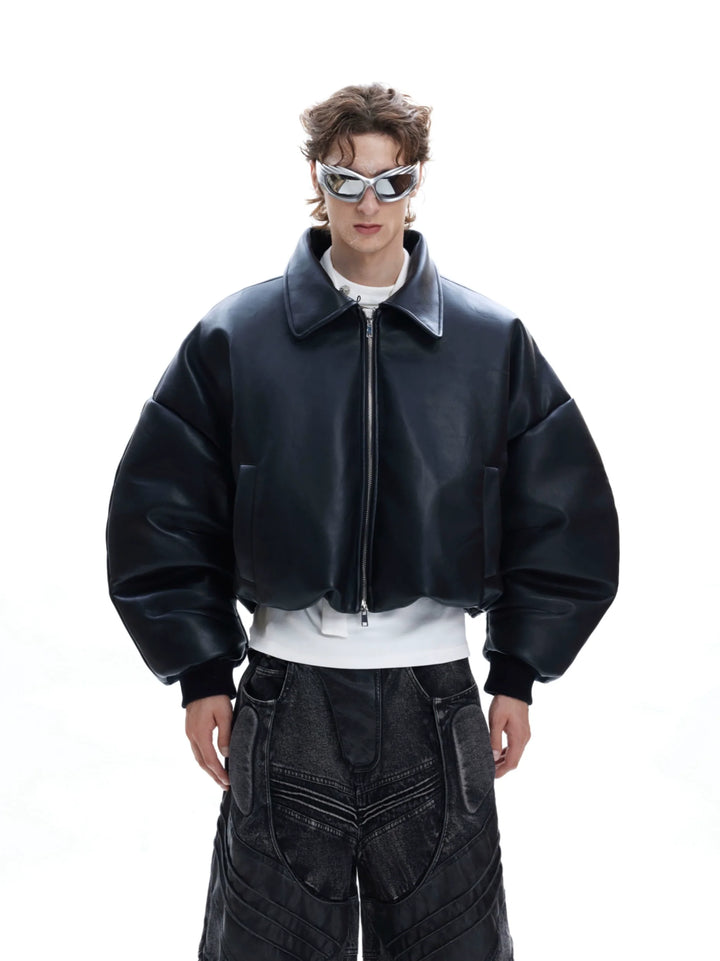 Faux Fur Collar Leather Bomber Jacket with Asymmetrical Design - ArgueCulture