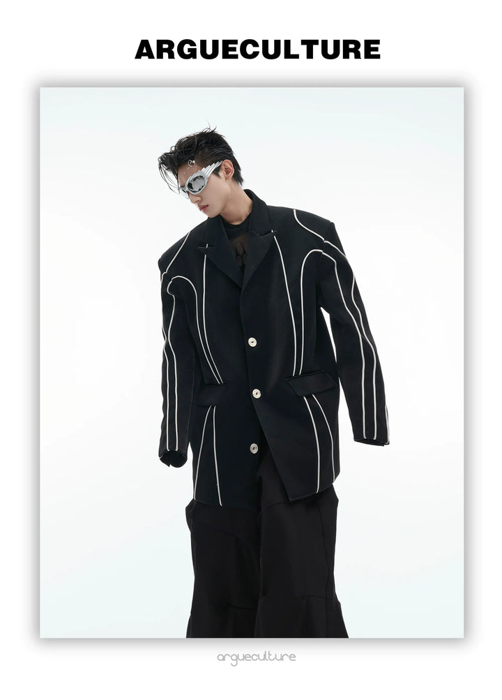 Reflective Strip Faux Leather Blazer with Shoulder Pads - ArgueCulture