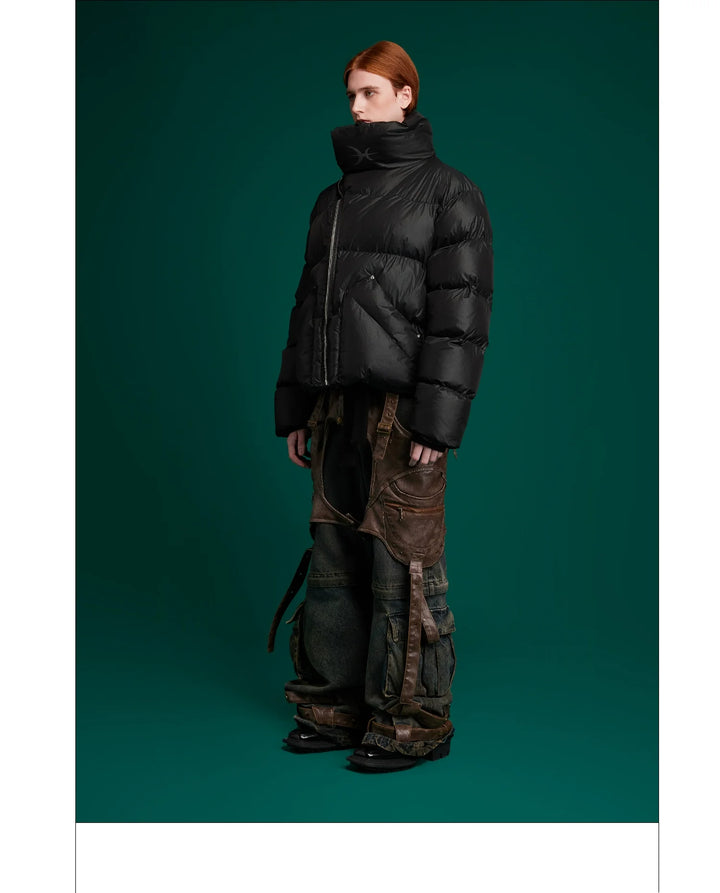 High-Neck Puffer Jacket with Asymmetrical Zipper and Oversized Fit - ArgueCulture