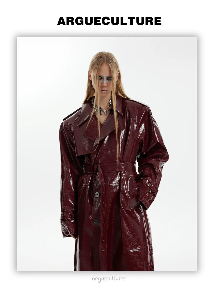 Futuristic Liquid-Look Faux Leather Trench Coat with Shoulder Pads - ArgueCulture