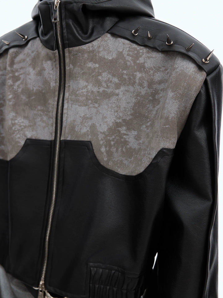 Punk PU Leather Jacket with Asymmetrical Splicing and Metal Studs - ArgueCulture