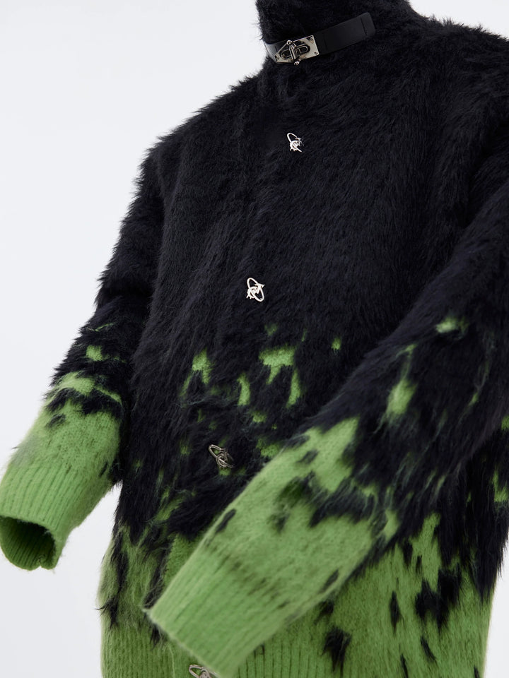 Gradient Knit Cardigan Faux Fur Texture with Metal Buttons - ArgueCulture