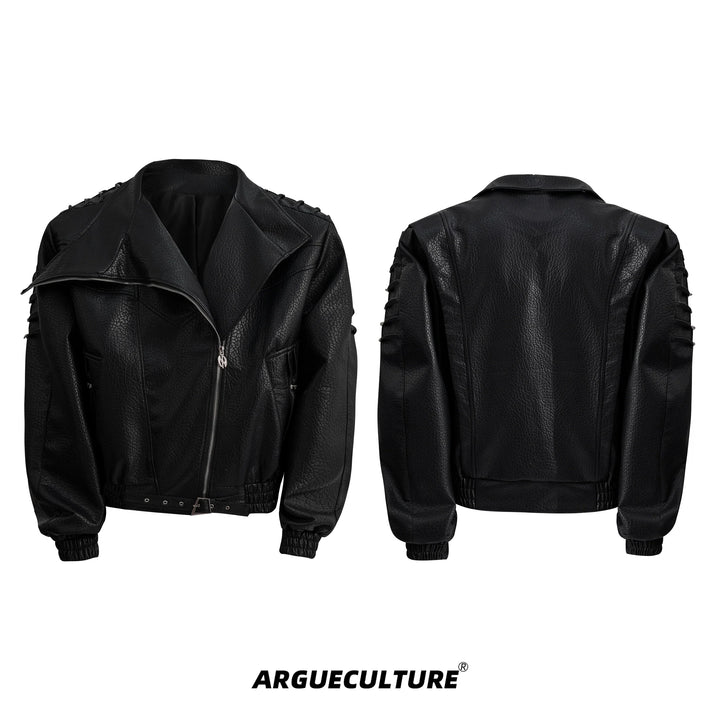 Crinkle PU Leather Jacket with Metal Studs and Adjustable Hem - ArgueCulture