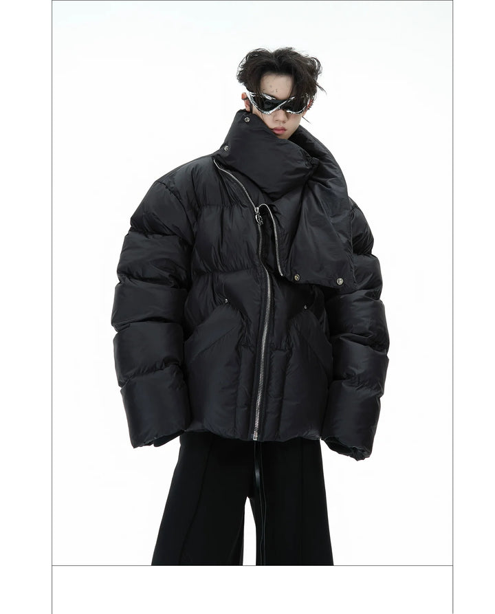 High-Neck Puffer Jacket with Asymmetrical Zipper and Oversized Fit - ArgueCulture