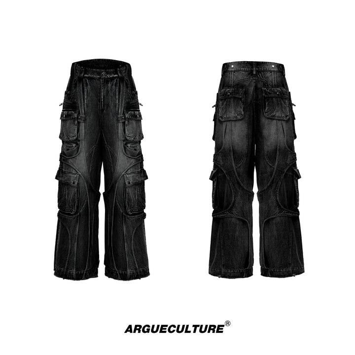 Vintage Washed Wide-Leg Denim Cargo Pants with Strap Details - ArgueCulture