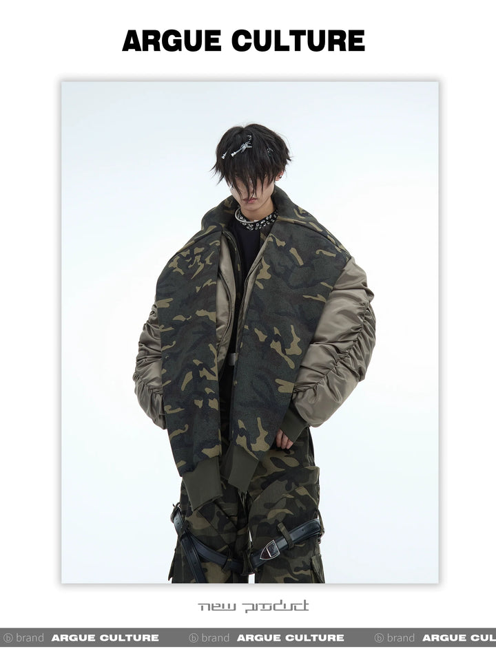 Camouflage Hooded Bomber Jacket with Quilted Sleeves - Winter Warmth - ArgueCulture