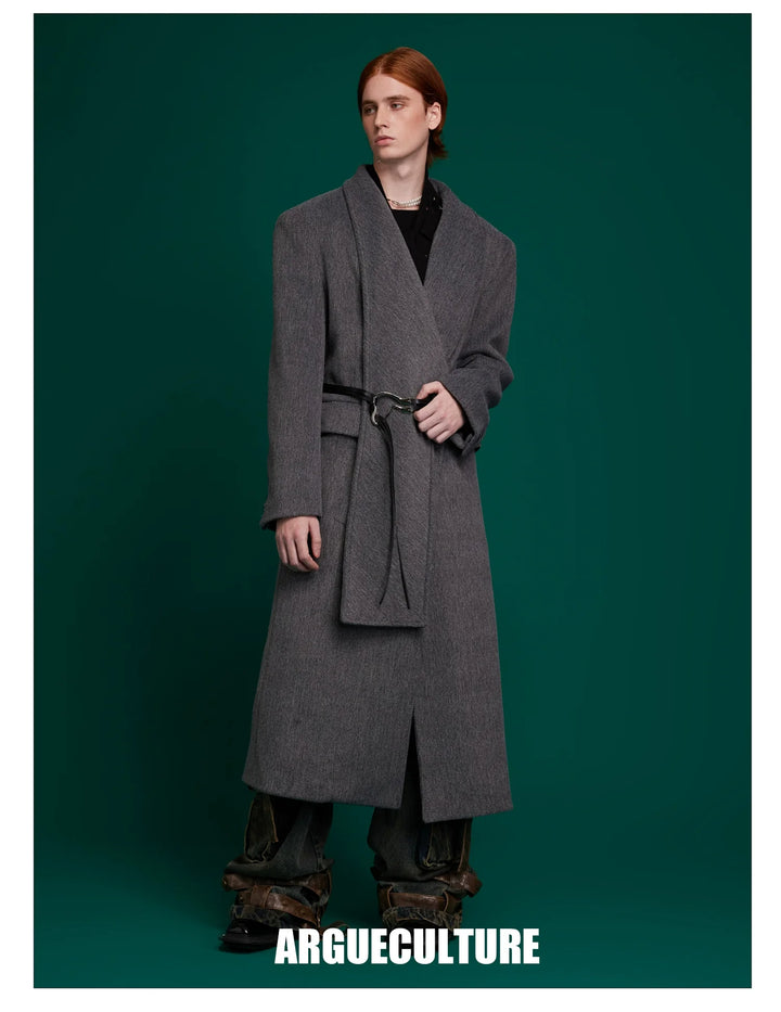 Metal Strap Wool Long Coat with Oversized Scarf Lapel - ArgueCulture