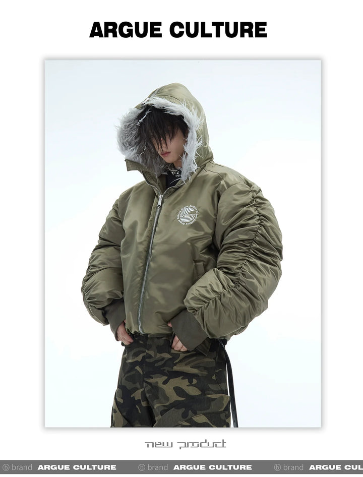 Faux Fur Bomber Jacket with Embroidered Logo - Zippered Hood for Men - ArgueCulture