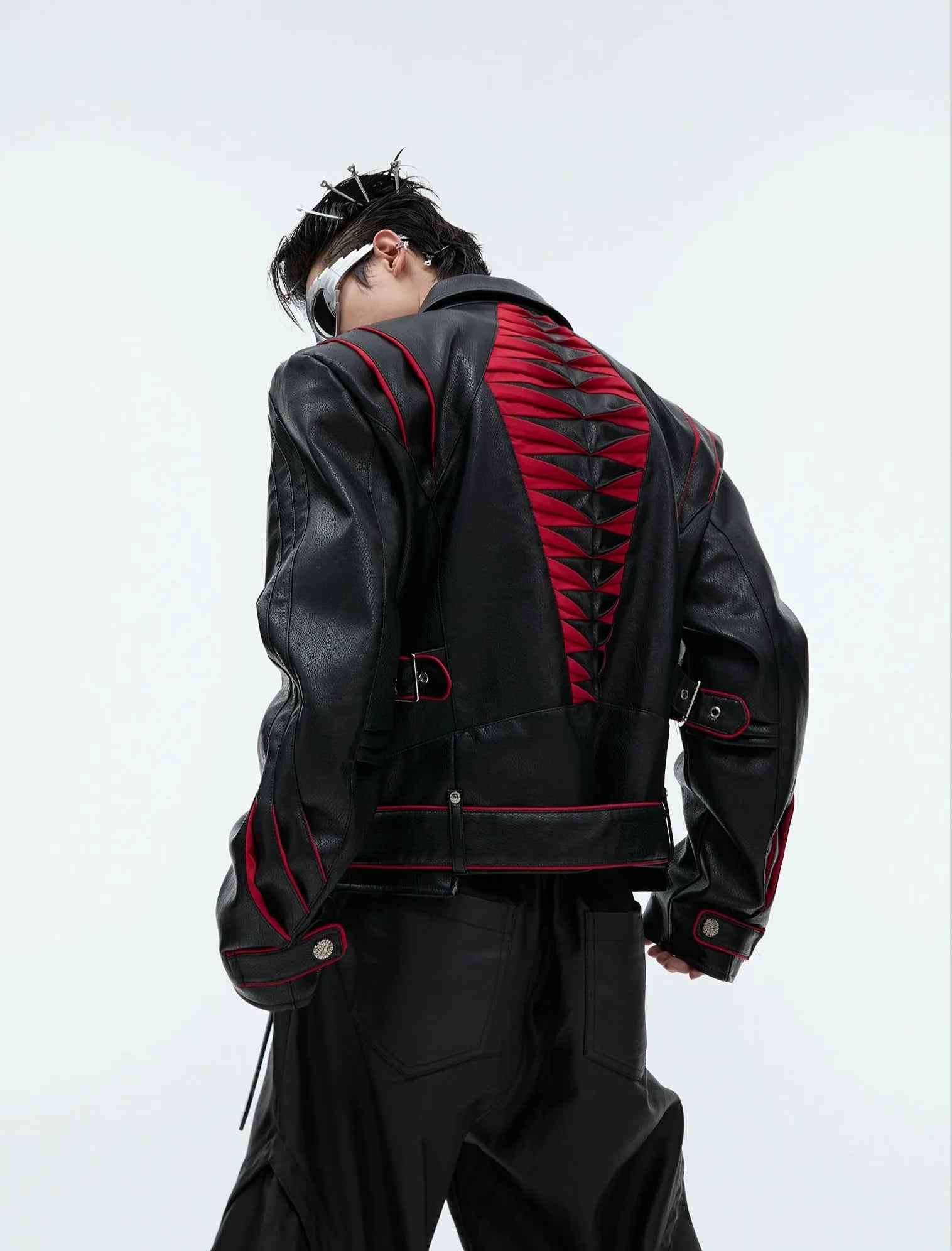 Folding Spine Pleat Short Leather Biker Jacket - ArgueCulture