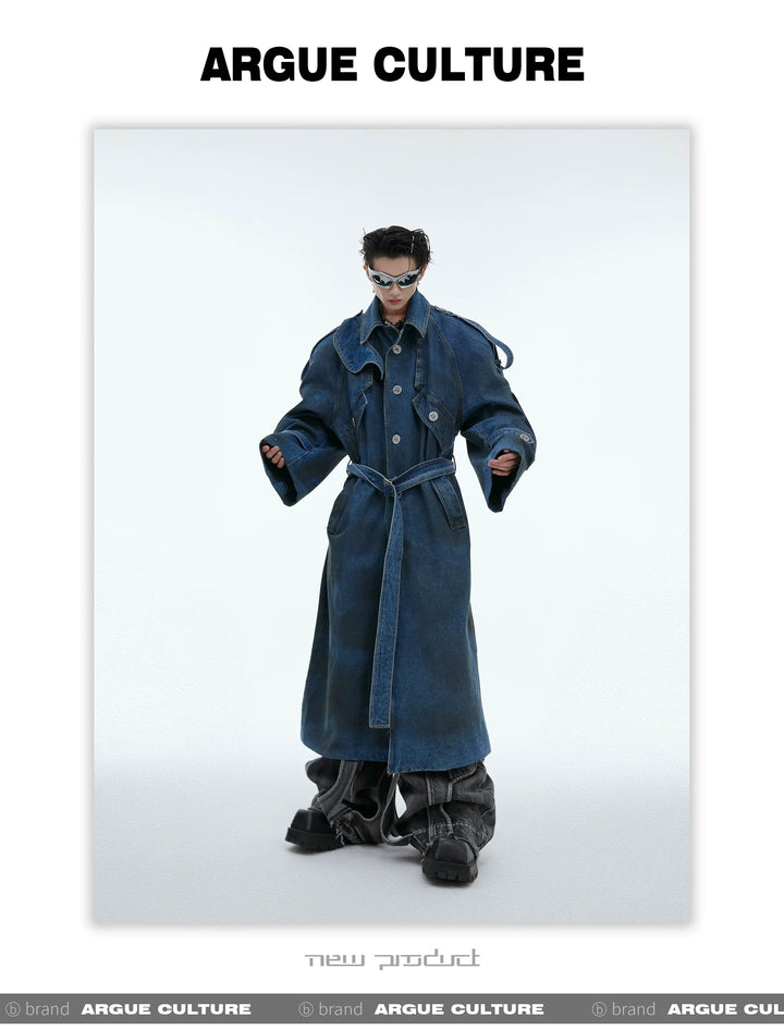 Deconstructed Oversized Denim Trench Coat ¨C Vintage Washed Outerwear - ArgueCulture