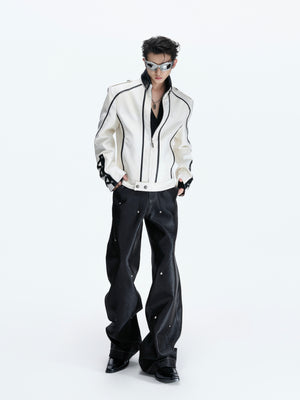Contrast Stitch Lace-Up Faux Leather Biker Jacket - product image 5