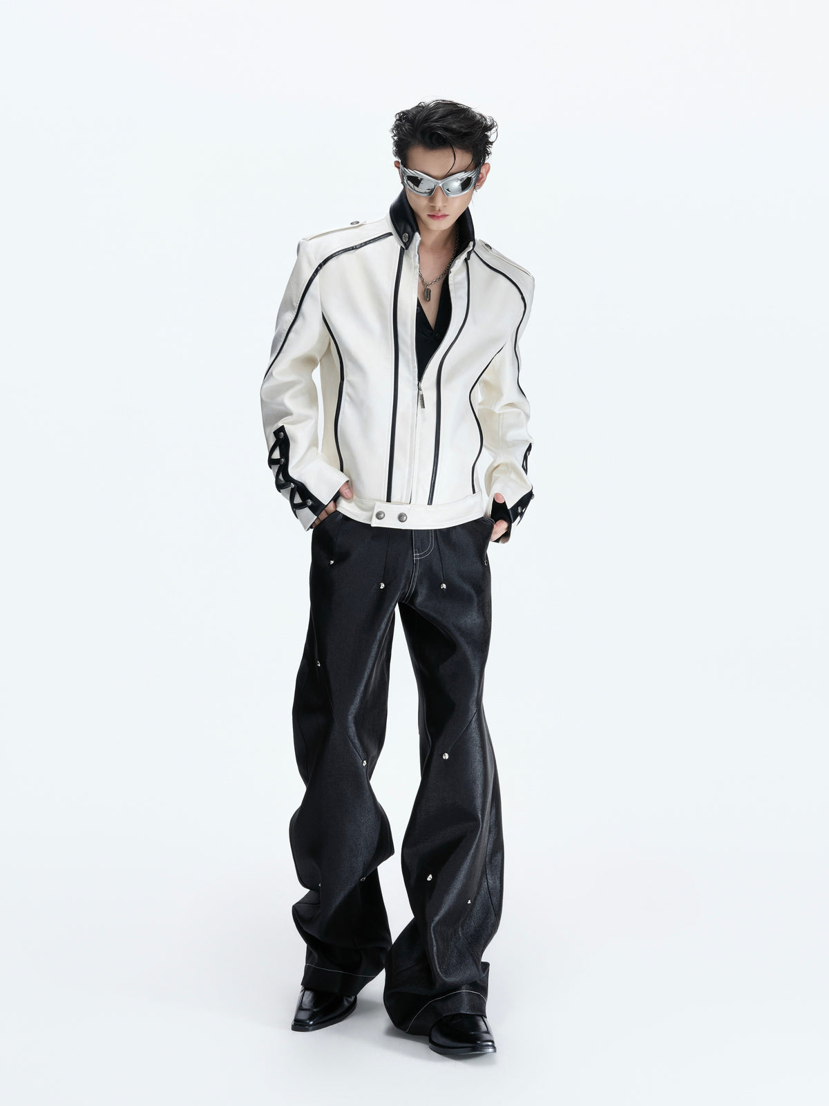 Contrast Stitch Lace-Up Faux Leather Biker Jacket - product image 5