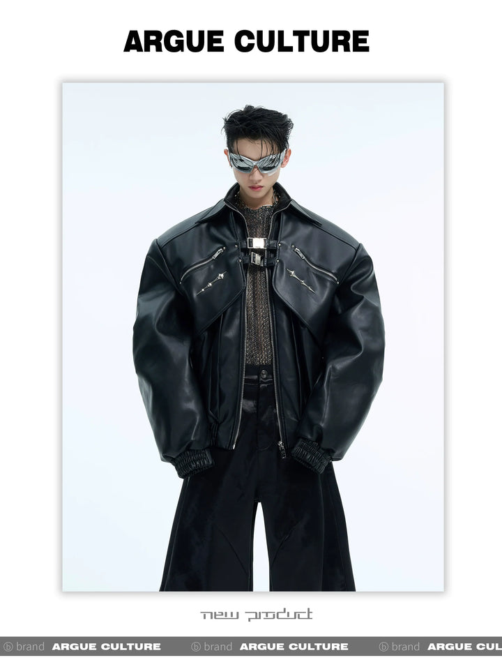 Double-Layer PU Leather Biker Jacket with Metal Buckles - ArgueCulture