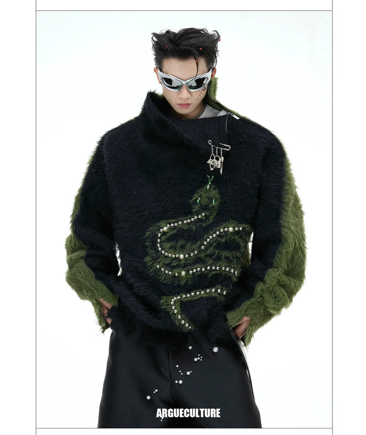 Luxury Knit Sweater with Snake Motif & Pearl Details - ArgueCulture