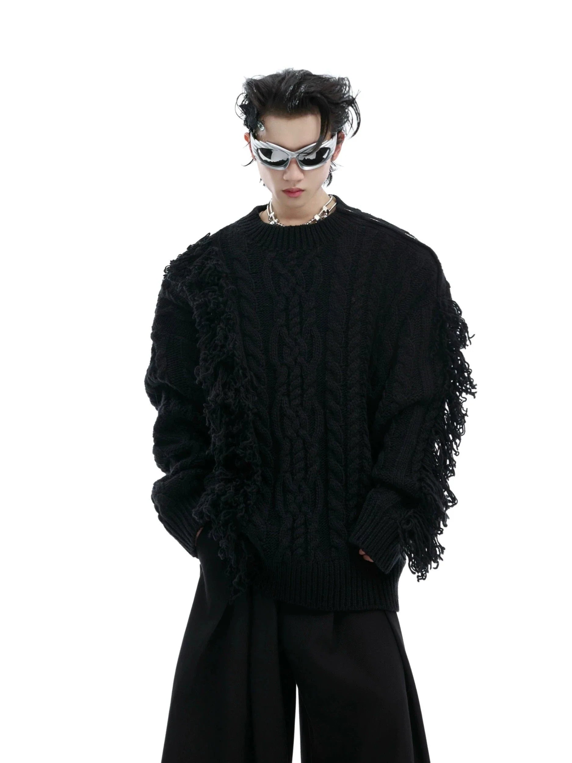 Asymmetrical Ribbed Knit Sweater with Bold Fringe Accents - ArgueCulture