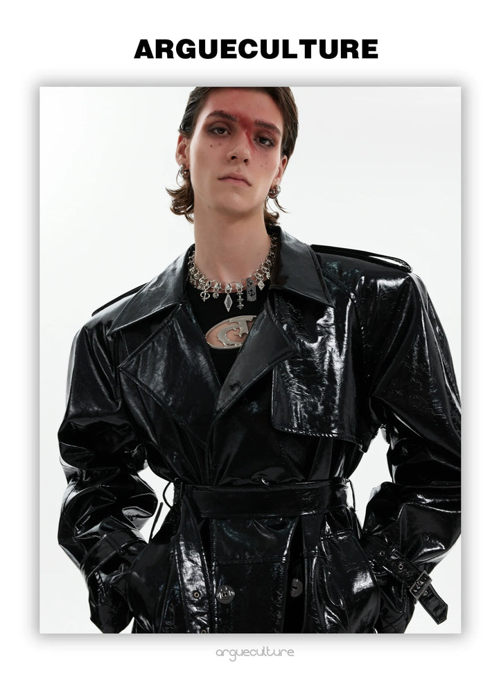 Futuristic Liquid-Look Faux Leather Trench Coat with Shoulder Pads - ArgueCulture