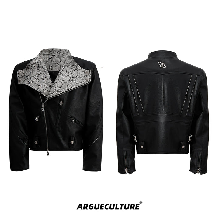 Snake Pattern PU Short Jacket with Lapel Collar and Zipper Pockets - ArgueCulture