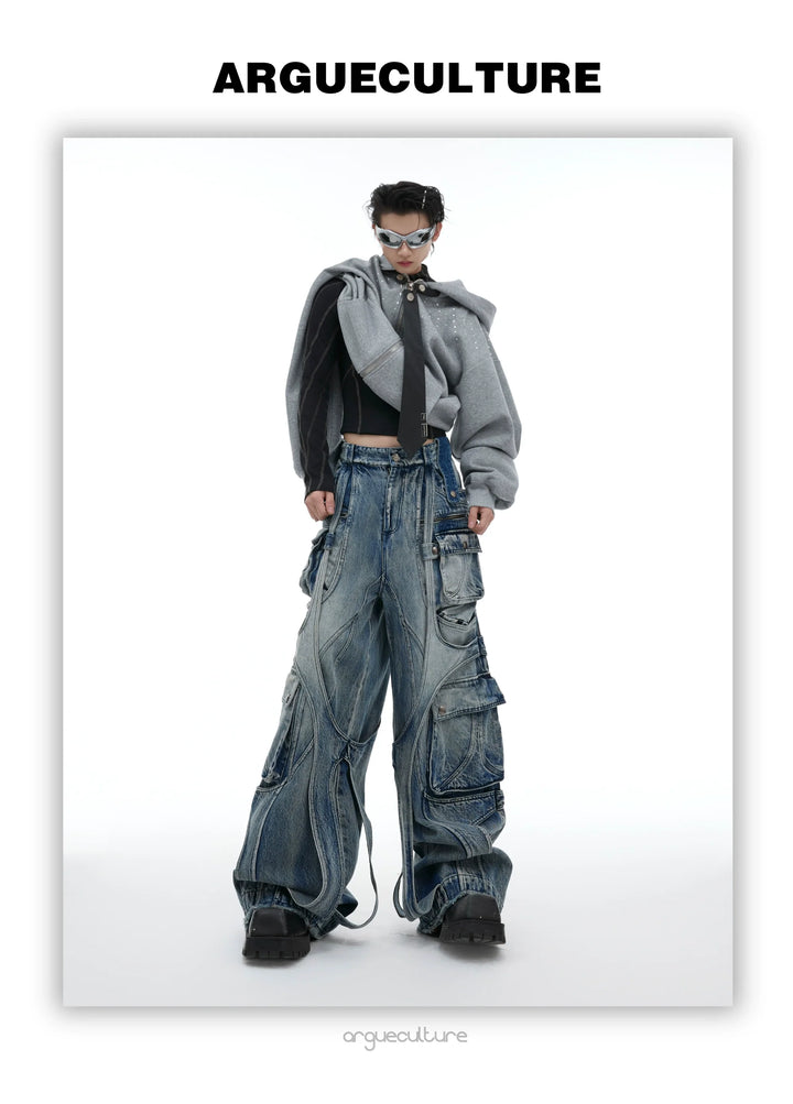 Vintage Washed Wide-Leg Denim Cargo Pants with Strap Details - ArgueCulture