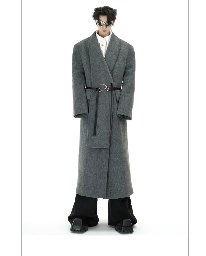 Metal Strap Wool Long Coat with Oversized Scarf Lapel - ArgueCulture