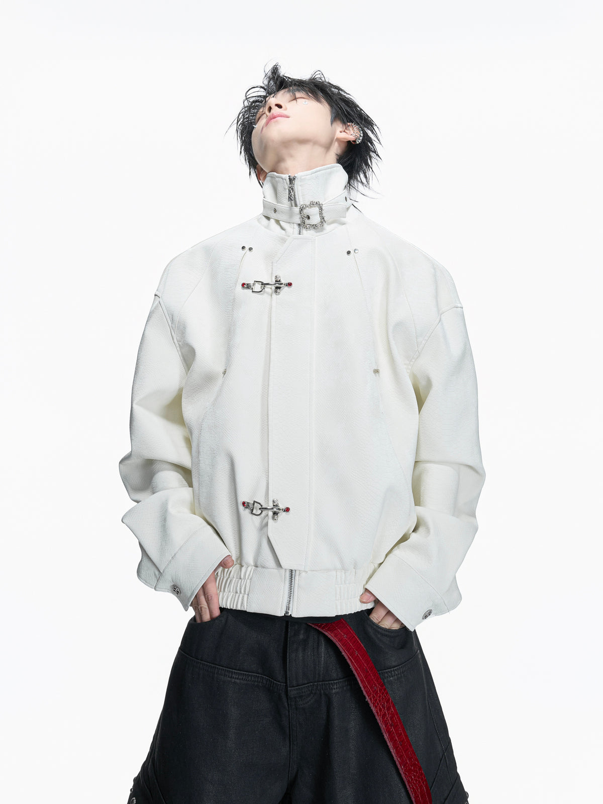 Python-Embossed Cropped Faux Leather Jacket - product image 2