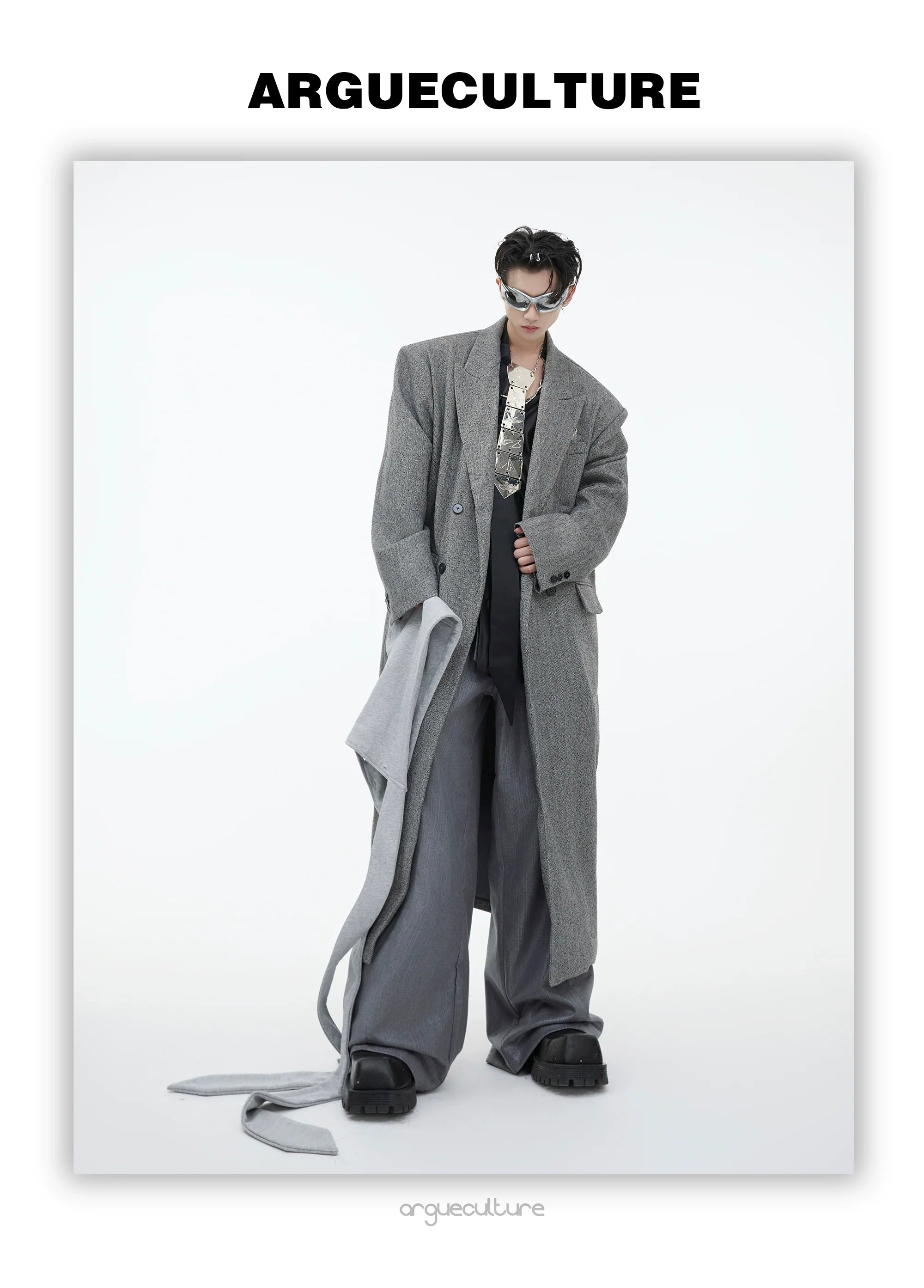 Men?¡¥s Oversized Wool Coat with Detachable Hoodie Metallic Logo Streetwear - ArgueCulture