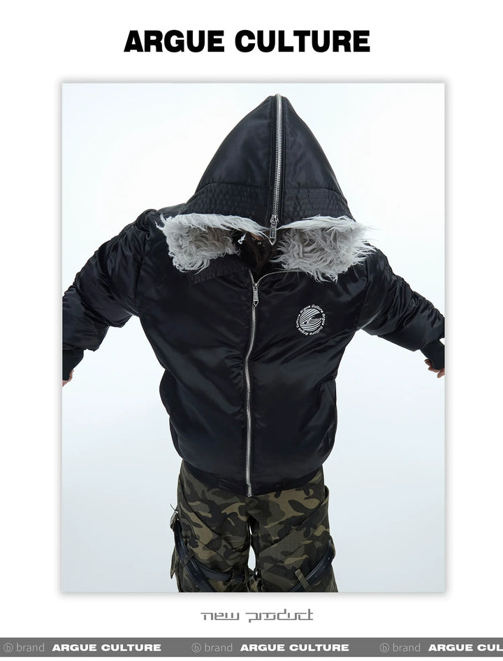 Faux Fur Bomber Jacket with Embroidered Logo - Zippered Hood for Men - ArgueCulture