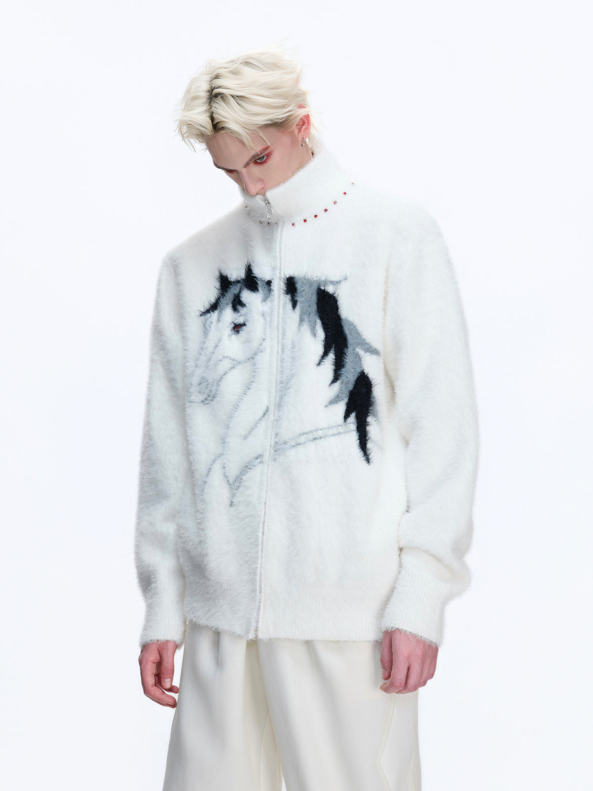 Asymmetric Horse-Embroidered Zip Cardigan - product image 1