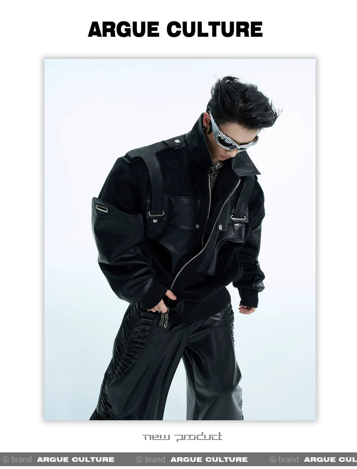 Dual-Fabric Deconstructed PU Leather & Plush Short Bomber Jacket - ArgueCulture