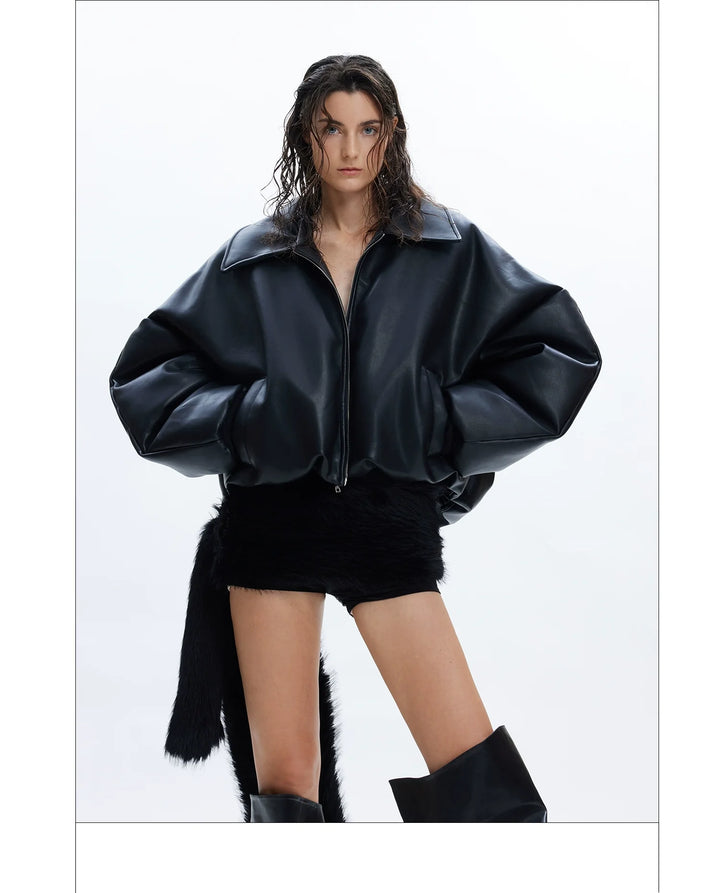 Faux Fur Collar Leather Bomber Jacket with Asymmetrical Design - ArgueCulture