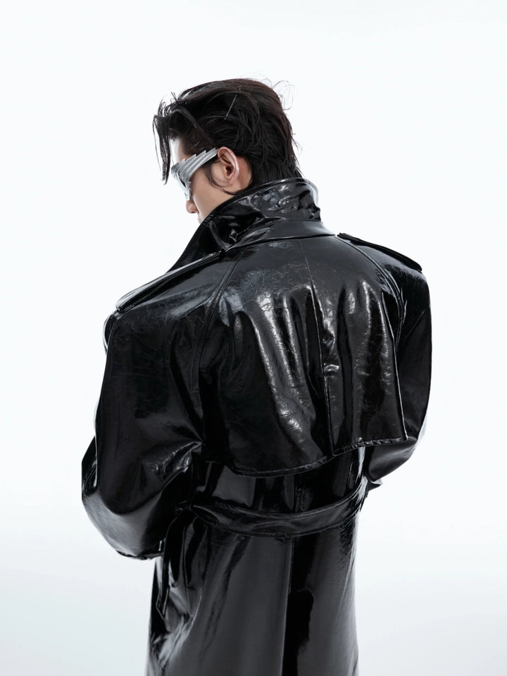 Futuristic Liquid-Look Faux Leather Trench Coat with Shoulder Pads - ArgueCulture